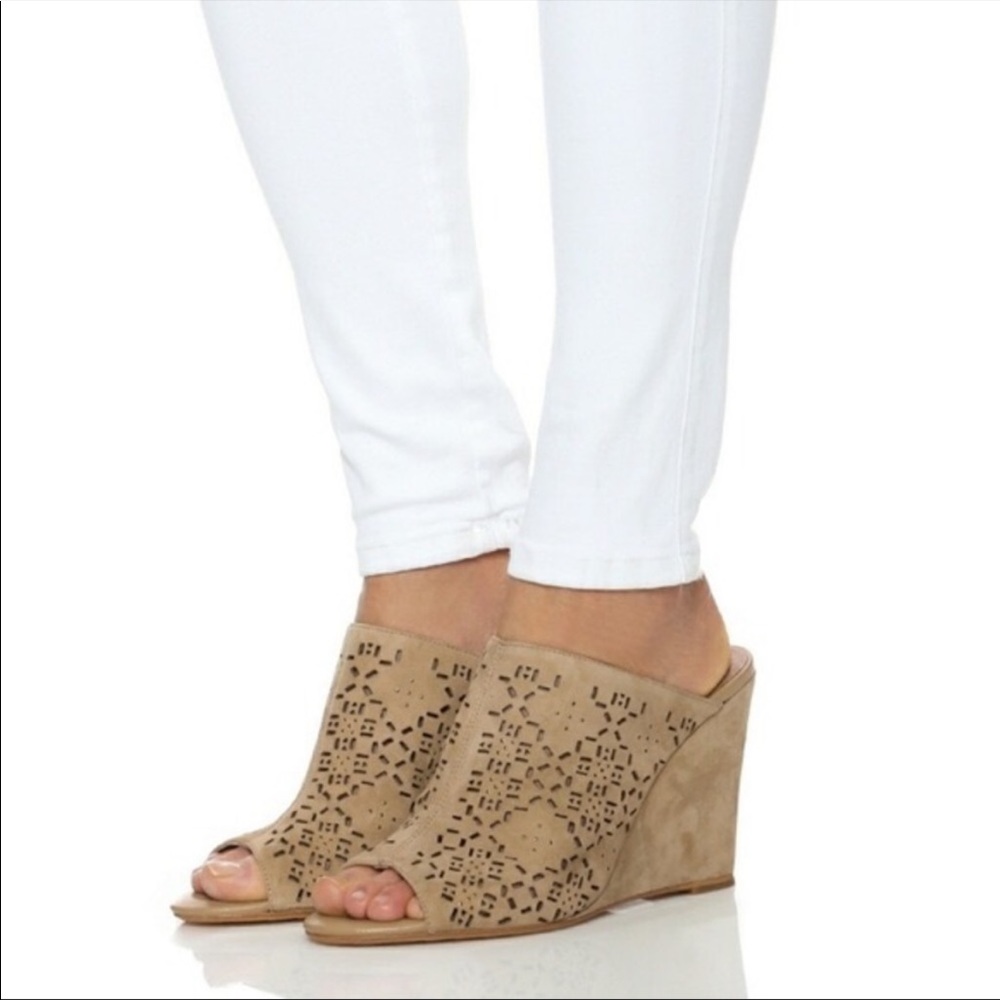 Joie Anita Mule Suede Laser Cut Perforated Wedge Heel Size 7.5